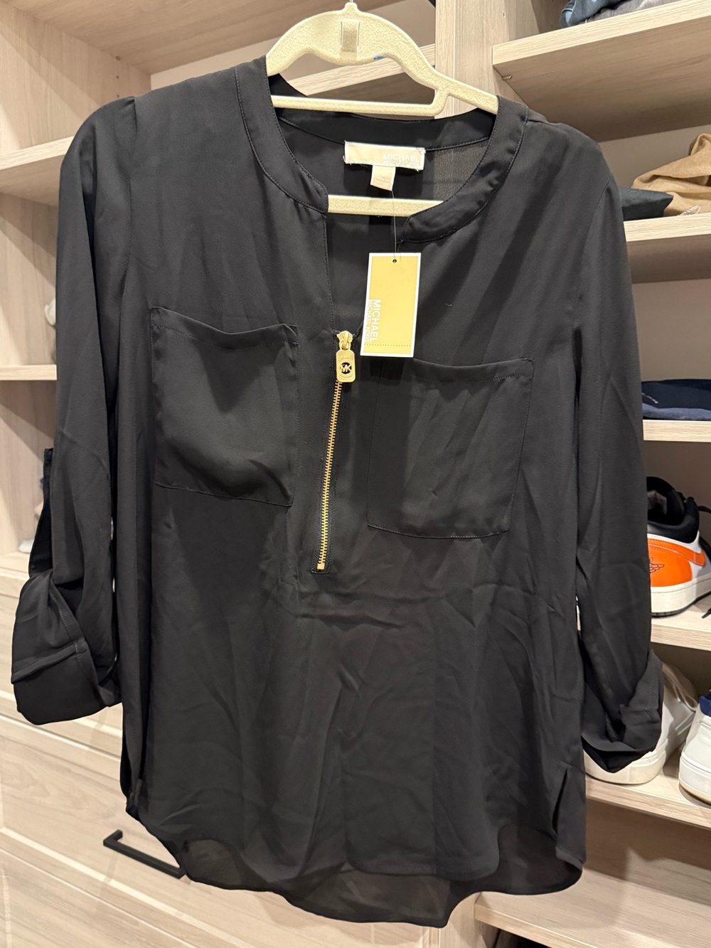 Michael Michael Black Zip-Front Tab Sleeve Women's Blouse